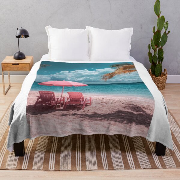 Item preview, Beach Happy Summer Poster: Pink umbrella, chairs, clear waves, vintage sun on sandy shore designed and sold by Jasava Shop.