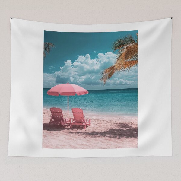 Item preview, Beach Happy Summer Poster: Pink umbrella, chairs, clear waves, vintage sun on sandy shore designed and sold by Jasava Shop.
