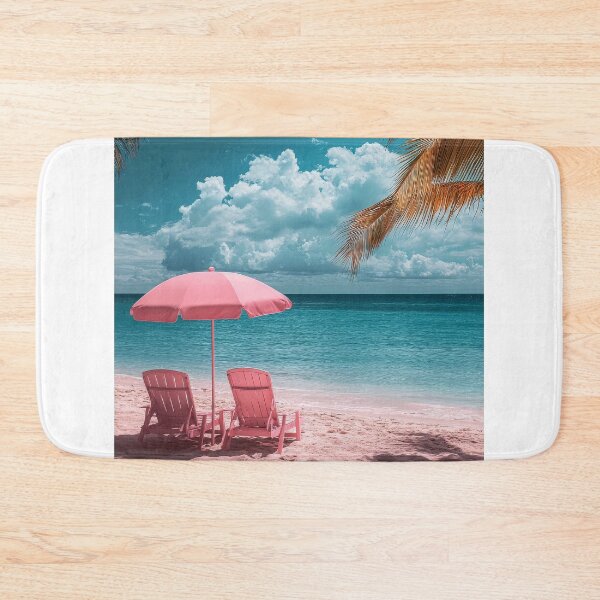 Item preview, Beach Happy Summer Poster: Pink umbrella, chairs, clear waves, vintage sun on sandy shore designed and sold by Jasava Shop.