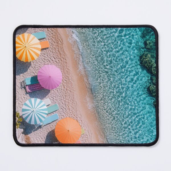 Item preview, Beach Happy Summer Poster: Colorful beach chairs and umbrellas, clear waves, sunny shoreline view designed and sold by Jasava Shop.