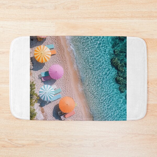 Item preview, Beach Happy Summer Poster: Colorful beach chairs and umbrellas, clear waves, sunny shoreline view designed and sold by Jasava Shop.