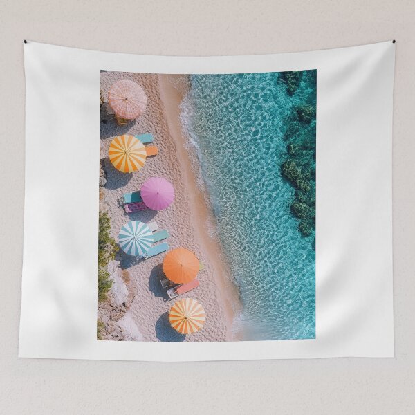 Item preview, Beach Happy Summer Poster: Colorful beach chairs and umbrellas, clear waves, sunny shoreline view designed and sold by Jasava Shop.
