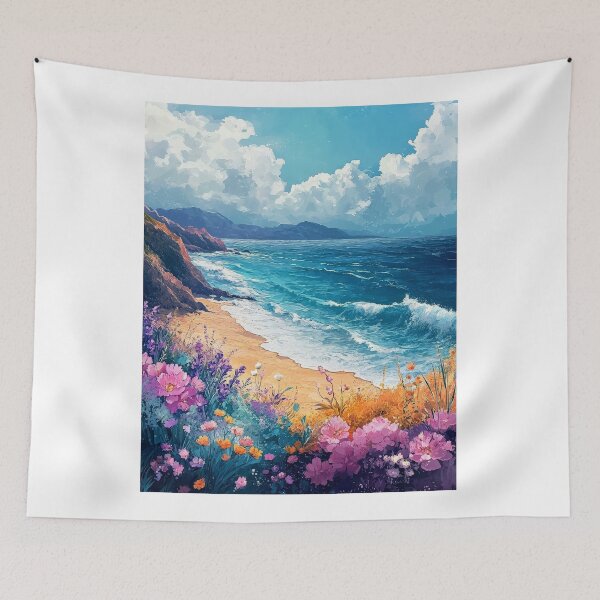 Item preview, Ocean Vintage Summer Poster: Beach scene with vibrant flowers and romantic waves. designed and sold by Jasava Shop.