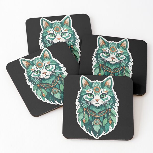 Item preview, Boho Green Cat Spirit – Mystical Tribal Cat Art designed and sold by Prime-Studio.
