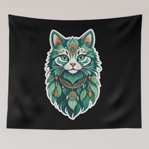 Item preview, Boho Green Cat Spirit – Mystical Tribal Cat Art designed and sold by Prime-Studio.