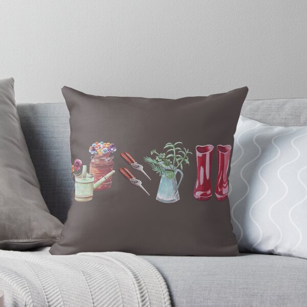 Gardening tools and plants design with red garden boots Throw Pillow