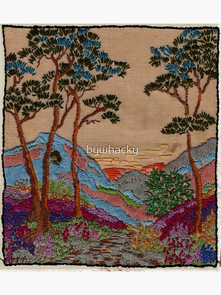 Thumbnail 3 of 3, Sticker, Embroidery mountain scene designed and sold by bywhacky.