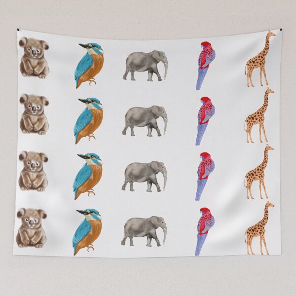 Item preview, Elephant, Koala, Giraffe, and Birds standing on a white background with a focus on its large size, trunk, and tusks, illustrating a majestic mammal in its natural wildlife environment designed and sold by Ammi77.