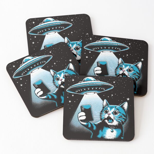 Item preview, Scared Blue Cat Taking Selfies Behind UFO - Funny Alien Encounter Design designed and sold by gittuska11.