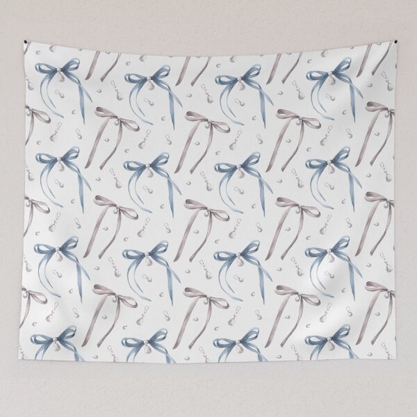 Item preview, Watercolor ribbons and bows with pearl earrings seamless pattern. Grey and blue colour Hand drawn coquette illustration designed and sold by BartolArt.