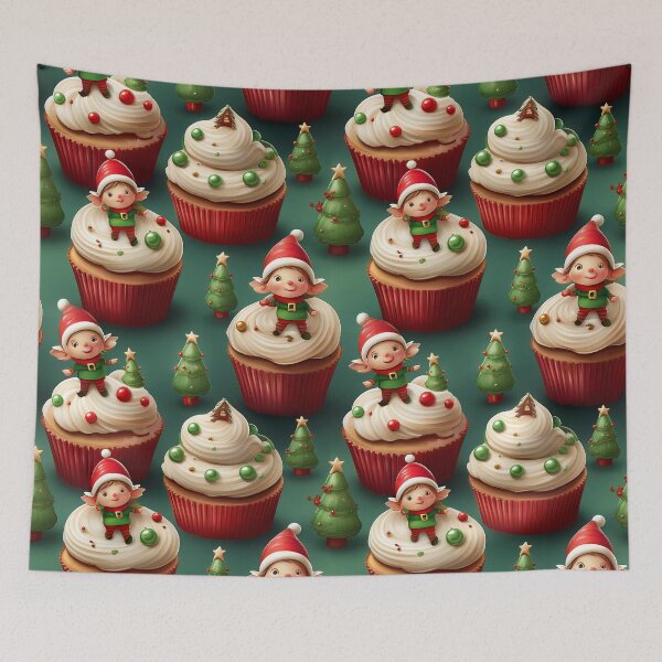 Item preview, Funny Elves Feast: A delicious pattern featuring cupcakes topped with Cheeky Elves designed and sold by Grang Art Artistic Designs.