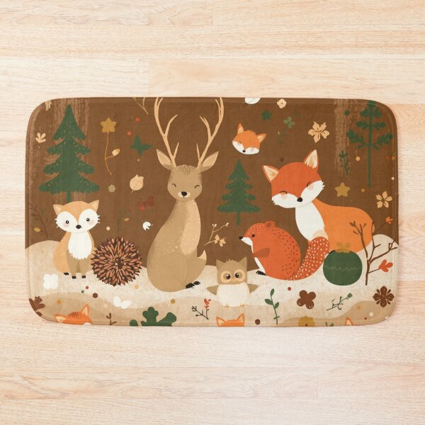 Item preview, Christmas Design in oil paint Pattern Grey earth tones, rust, terracotta, and green with cute little forest creatures nestled in-like deer, hedgehogs, owls, squirrels, and foxes designed and sold by Md Rashid  Hasan.