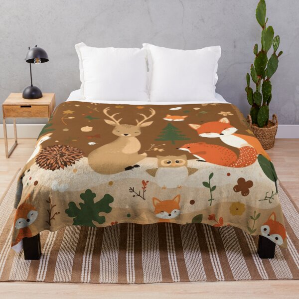 Item preview, Christmas Design in oil paint Pattern Grey earth tones, rust, terracotta, and green with cute little forest creatures nestled in-like deer, hedgehogs, owls, squirrels, and foxes designed and sold by Md Rashid  Hasan.