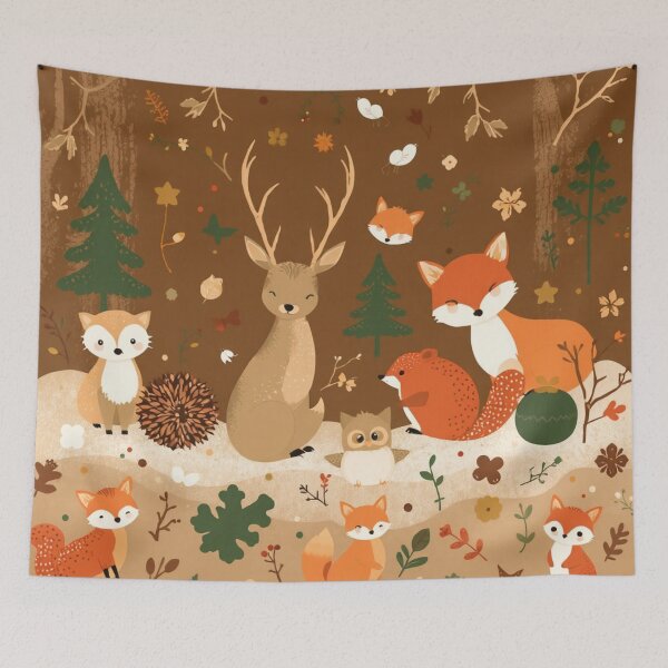 Item preview, Christmas Design in oil paint Pattern Grey earth tones, rust, terracotta, and green with cute little forest creatures nestled in-like deer, hedgehogs, owls, squirrels, and foxes designed and sold by Md Rashid  Hasan.