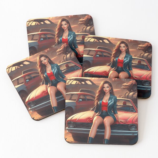 Item preview, Girl sitting on a red car with black boots and a leather jacket  designed and sold by AvasMillswork.