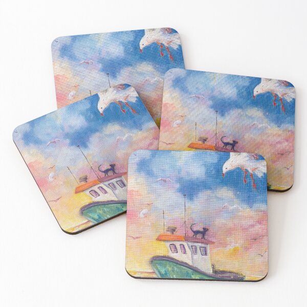 Item preview,  A sailing board in the sea, cat on the roof of a cabin, a seagull flying. designed and sold by rusmashart.