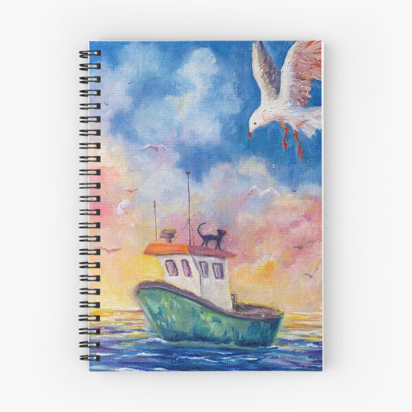 Item preview,  A sailing board in the sea, cat on the roof of a cabin, a seagull flying. designed and sold by rusmashart.
