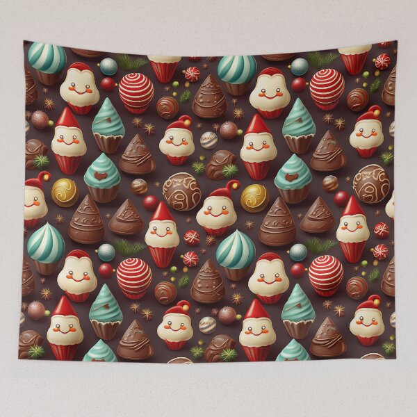 Item preview, Cheerful Chocolatey Christmas: A classic Christmas pattern with chocolates in red green and blue, adorned with ribbons and bows.  designed and sold by Grang Art Artistic Designs.