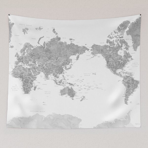 Item preview, Pacific centered detailed world map in gray watercolor, Jimmy designed and sold by blursbyai.