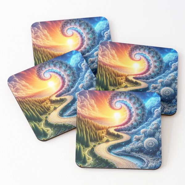 Item preview, Surreal Duality landscape with pines and whimsical shapes in lively vibrant hues designed and sold by EmeraldeaArt.