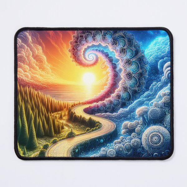Item preview, Surreal Duality landscape with pines and whimsical shapes in lively vibrant hues designed and sold by EmeraldeaArt.
