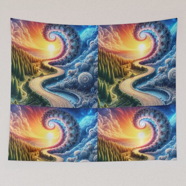 Item preview, Surreal Duality landscape with pines and whimsical shapes in lively vibrant hues designed and sold by EmeraldeaArt.
