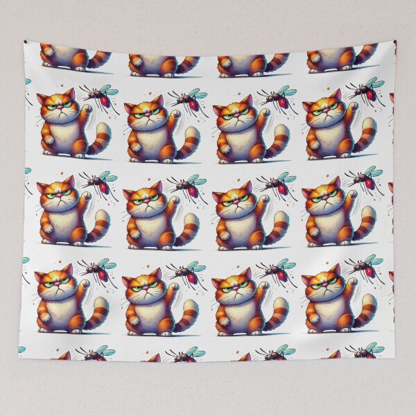 Item preview, Funny Cat Swatting Insect Art, mosquito vs cat designed and sold by Cherry-Cat.