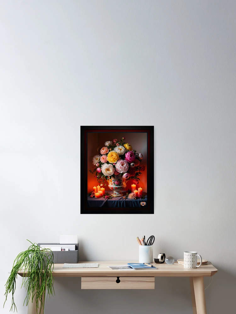 Ornate Porcelain Vase With Lavish Bouquet Of Peonies And Roses By Candlelight AI Concept Art by Xzendor7 | Beautiful Floral Still Life 2 Ornate Porcelain Vase With Lavish Bouquet Of Peonies And Roses By Candlelight Captivating AI Concept Art by Xzendor7 Wall Decor Poster Art Print