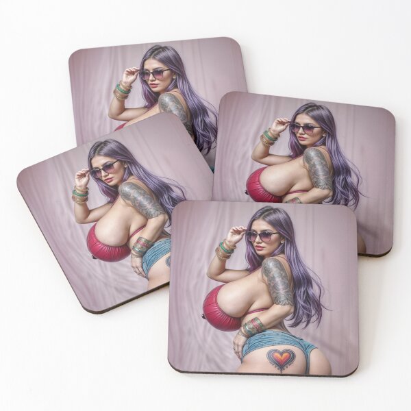 Item preview, Full Shot Illustration of a Woman with Vibrant Purple Hair, Sunglasses, Tattoos, and a Red Top – Confident Pose Against a Pinkish-Purple Wal designed and sold by marvinismyname.