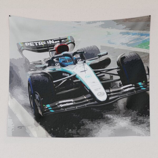 Item preview, George Russell racing in the rain during the 2024 Brazilian Grand Prix at Interlagos watercolor designed and sold by Rodissimus1984.