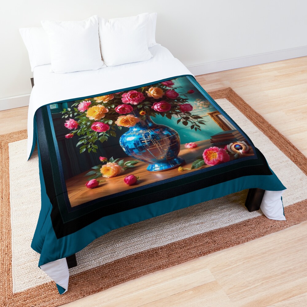 A Classic Interior With An Elegant Floral Bouquet In A Geometric Blue Vase AI Concept Art by Xzendor7 | A Beautiful Still Life Presentation 3 A Classic Interior With An Elegant Floral Bouquet In A Geometric Blue Vase Dazzling AI Concept Art by Xzendor7 Decorative Art Print Comforter