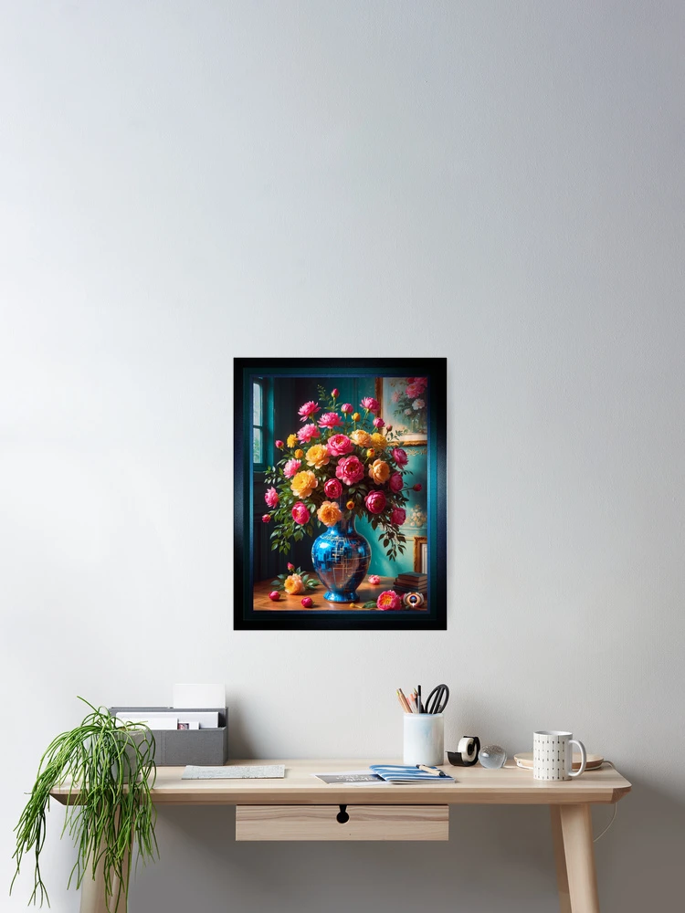A Classic Interior With An Elegant Floral Bouquet In A Geometric Blue Vase AI Concept Art by Xzendor7 | A Beautiful Still Life Presentation 2 A Classic Interior With An Elegant Floral Bouquet In A Geometric Blue Vase Dazzling AI Concept Art by Xzendor7 Wall Decor Poster Art Print