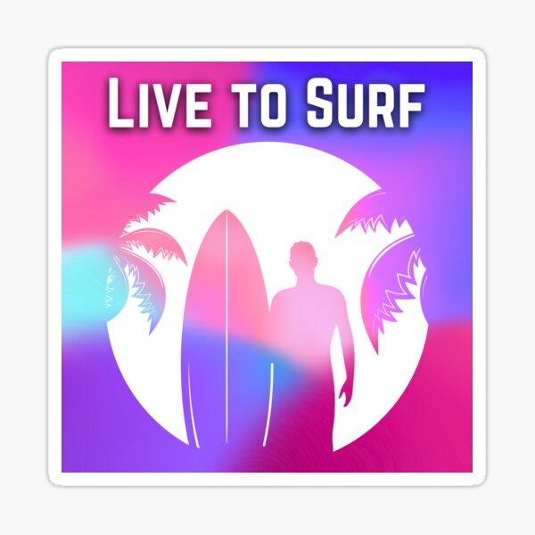 Aperçu de l'œuvre Vivre pour surfer : silhouette de surfeur sur fond de coucher de soleil multicolore et vibrant créée et vendue par Fredster1966.