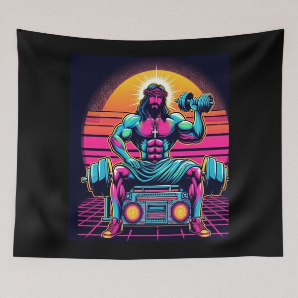 Item preview, Jesus, 80s, Muscles, 80's music, boom box, retro, retro Jesus, Christian, stars designed and sold by tshirtart2024.