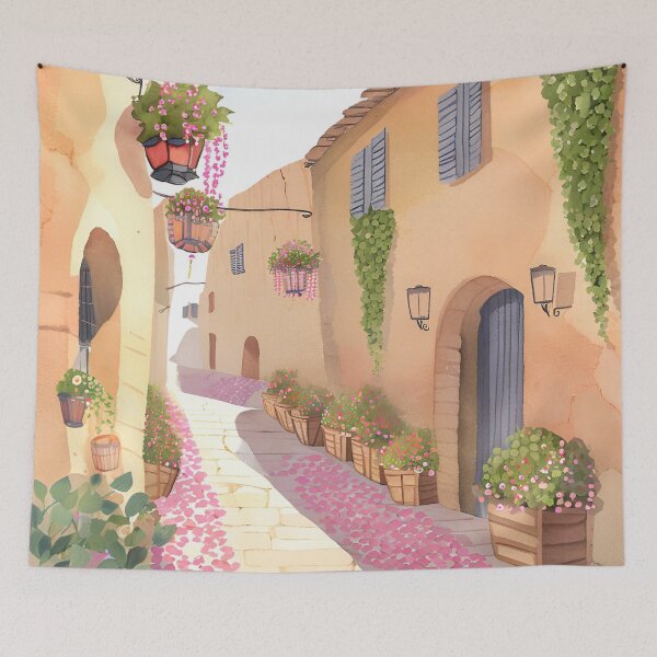 Item preview, Charming Mediterranean Street Watercolor Illustration designed and sold by Sanskrati.
