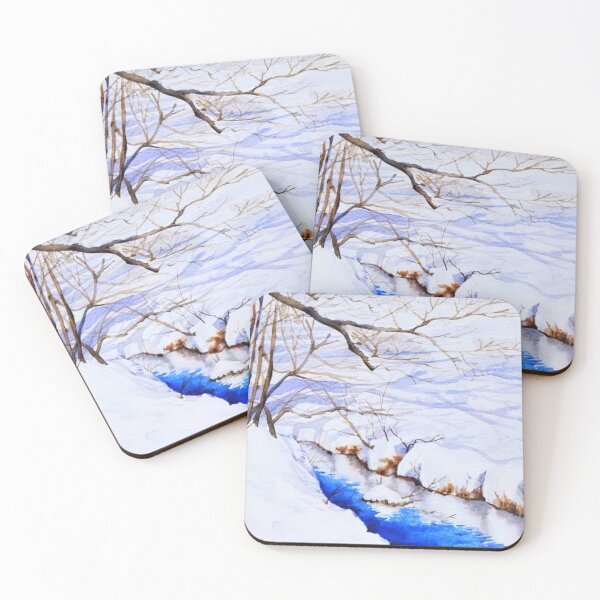 Item preview, Snowy winter stream landscape watercolor art print designed and sold by Jennywatercolor.