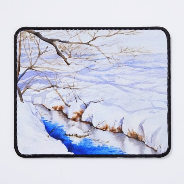Item preview, Snowy winter stream landscape watercolor art print designed and sold by Jennywatercolor.