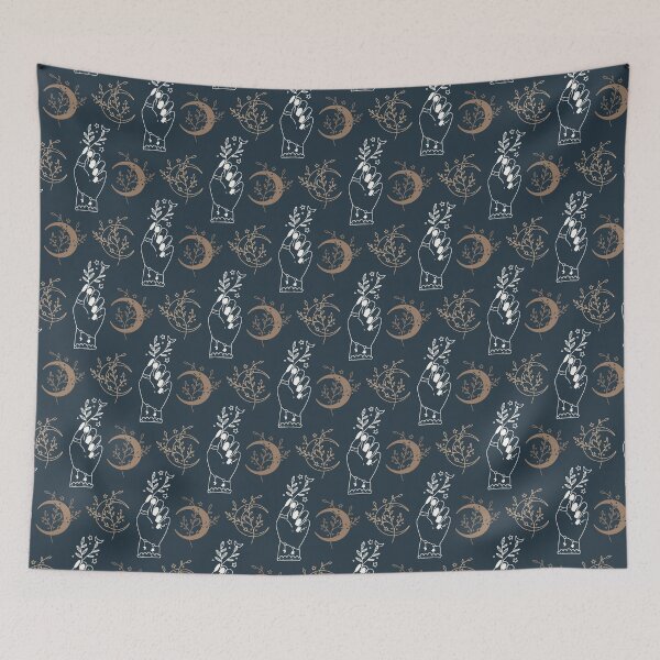 Item preview, Boho Moon and Mystic hand on dark background, Magical Witchy Pattern designed and sold by JuliaPop.