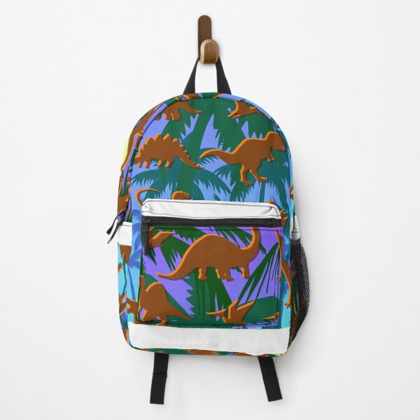 Item preview, colorful silhouettes of different famous dinosaurs with evening palm grove back ground, designed for mackpacks designed and sold by BoiTDesigns.