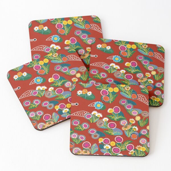 Item preview, Australian wildflower pattern on red background – Stylish Aboriginal art as a photo print designed and sold by TRex-Landscapes.