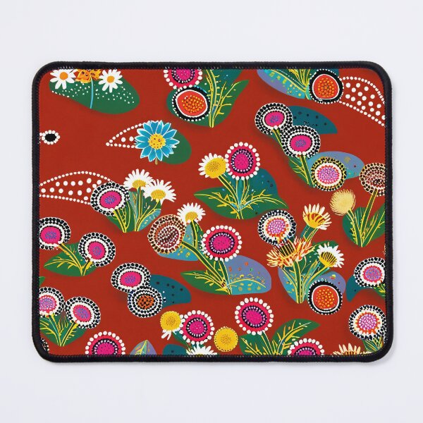 Item preview, Australian wildflower pattern on red background – Stylish Aboriginal art as a photo print designed and sold by TRex-Landscapes.