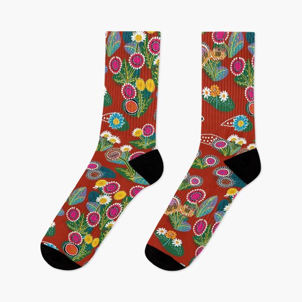 Item preview, Australian wildflower pattern on red background – Stylish Aboriginal art as a photo print designed and sold by TRex-Landscapes.