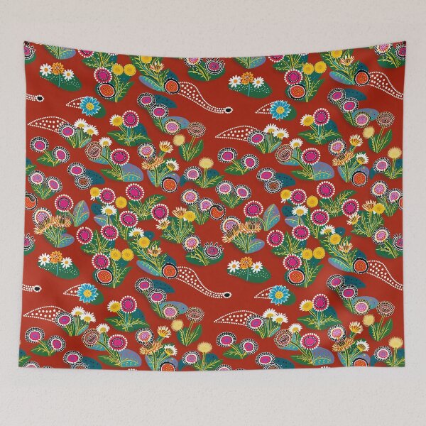 Item preview, Australian wildflower pattern on red background – Stylish Aboriginal art as a photo print designed and sold by TRex-Landscapes.