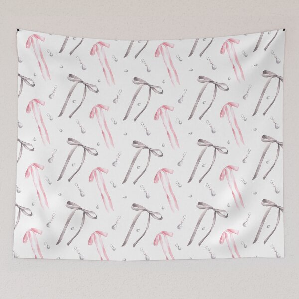 Item preview, Watercolor ribbons and bows with pearl earrings seamless pattern. Grey and pink colour Hand drawn coquette illustration designed and sold by BartolArt.