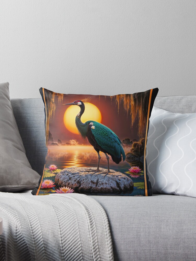 A Regal Crane Amidst Nature’s Beauty In A Pond Of Lotus Flowers Meditative AI Concept Art by Xzendor7 Decorative Art Print Throw Pillow