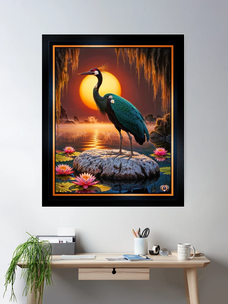 A Regal Crane Amidst Nature’s Beauty In A Pond Of Lotus Flowers Meditative AI Concept Art by Xzendor7 Wall Decor Poster Art Print