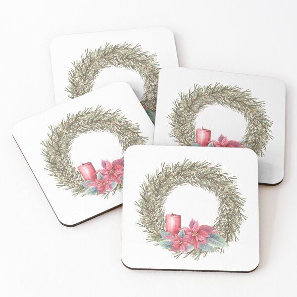 Item preview, Christmas spruce advent wreath with poinsettia flowers and flameless candle. Watercolor illustration designed and sold by BartolArt.