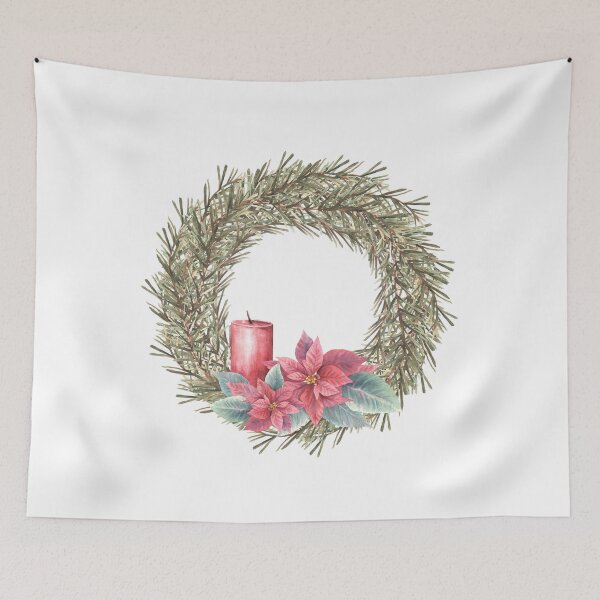 Item preview, Christmas spruce advent wreath with poinsettia flowers and flameless candle. Watercolor illustration designed and sold by BartolArt.