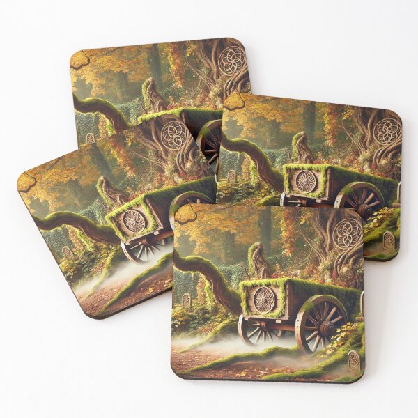 Item preview, Mystical autumn garden landscape with an old, moss-covered wooden wagon and magical details designed and sold by Sigtrix.