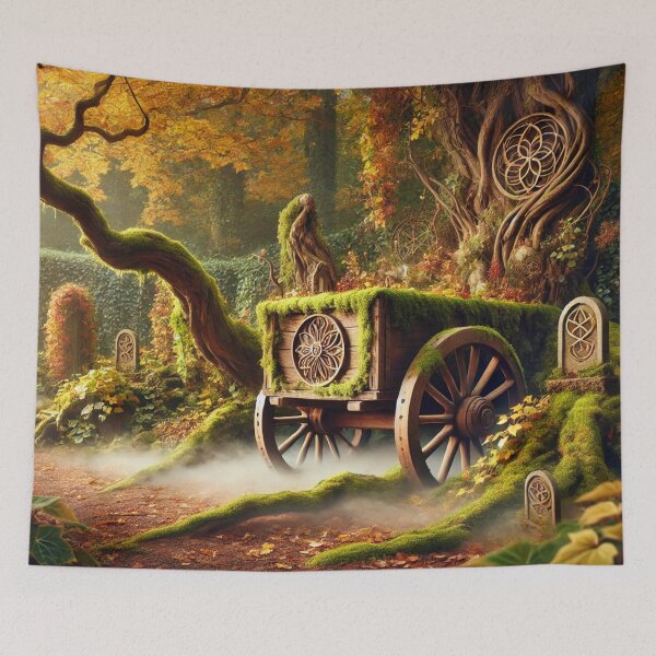 Item preview, Mystical autumn garden landscape with an old, moss-covered wooden wagon and magical details designed and sold by Sigtrix.